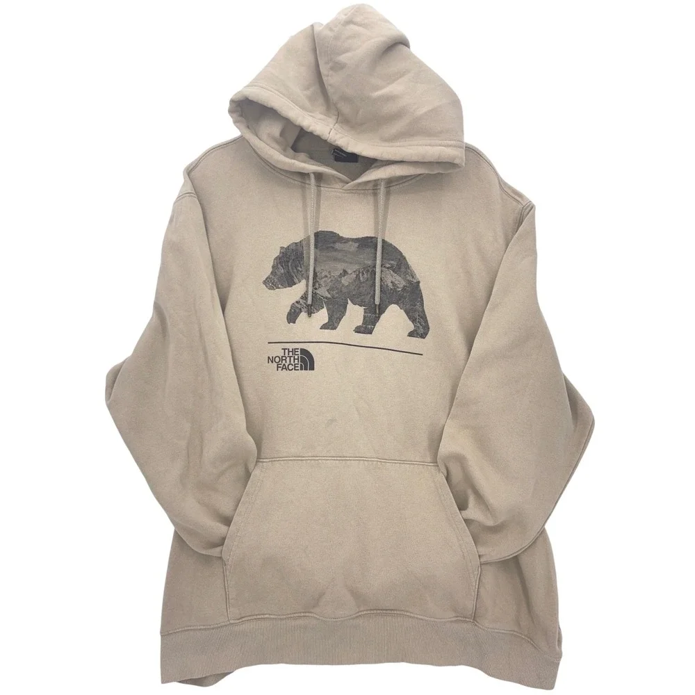 The North Face Tan Graphic Bear Hoodie XXL Mountain Landscape Pullover Mens